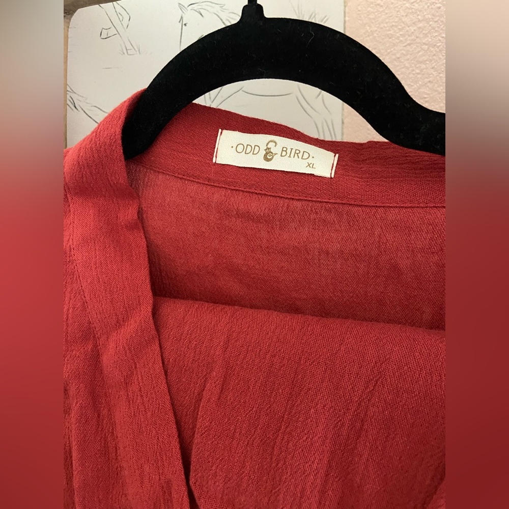 Women's Red Kimono-Style Loungewear Set: Wide-Leg Pants and Tunic Wrap w Pockets - Picture 8 of 10